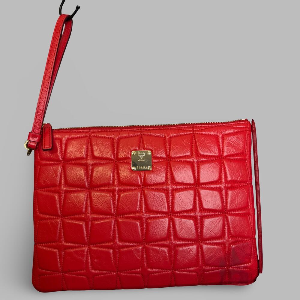 MCM Red Quilted Leather Wristlet Pouch Clutch Bag